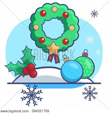 Holly Wreath On White Isolated Backdrop. Christmas Holiday Balls Postcard For Invitation Or Gift Car