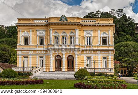 Petropolis, Brazil - December 23, 2008: Closeup Of Yellow Front Facade With White Frames Of Palacio 