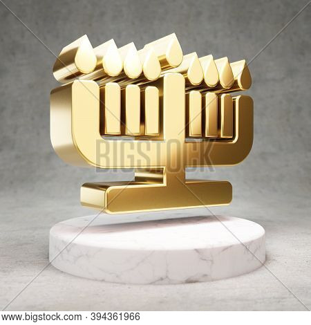 Hanukiah Icon. Gold Glossy Hanukiah Symbol On White Marble Podium. Modern Icon For Website, Social M