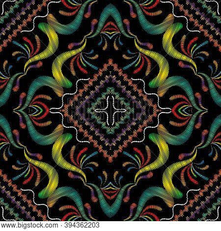 Vintage Embroidery Vector Seamless Pattern. Geometric Abstract Striped Tapestry Background. Grunge S