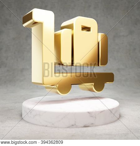 Luggage Cart Icon. Gold Glossy Luggage Cart Symbol On White Marble Podium. Modern Icon For Website, 
