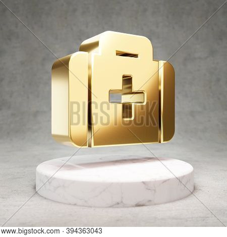 Medkit Icon. Gold Glossy Medkit Symbol On White Marble Podium. Modern Icon For Website, Social Media