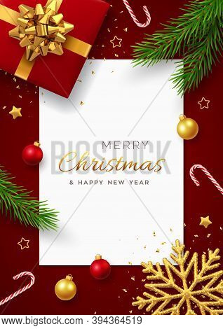 Christmas Background With Square Paper Banner, Realistic Red Gift Box With Golden Bow, Pine Branches