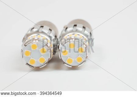 Car 12v Led Bulbs For Headlight. Isolate On White Background