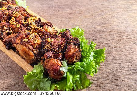 Brazilian Style Deep Fried Chicken. Called Frango A Passarinho. Selective Focus. Space For Text.