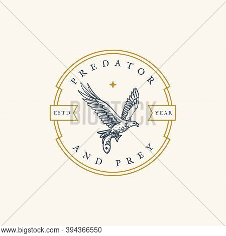 Wild Bald Eagle Catching Fish Round Emblem Retro Logo Design Template