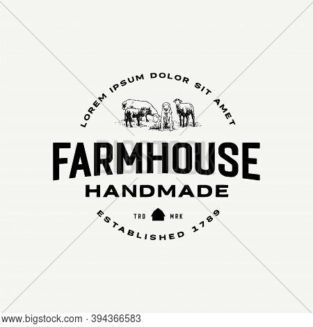 Sheep And Lamb Eating Grass With Shepherd Dog Logo Vintage Retro Logo Template