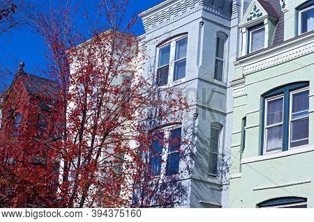 Autumn In Suburban Neighborhood Of Washington Dc, Usa. Morning Sun Highlights Ornate Architectural F