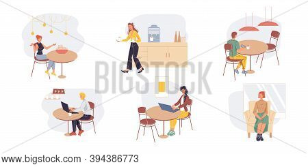 Set Of Cartoon Flat Characters Office Workers, Busy Employees, Freelancers Doing Business And Variou