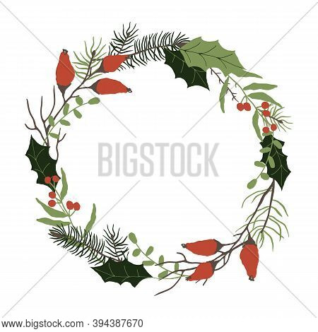 Round Floral Frame With Winter Floral Decoration Element With Pine, Leaves, Berries And Spruce. Herb