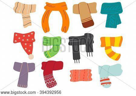 Winter Scarves Doodle Set. Collection Of Woolen Cotton Knitting Autumnal Wintry Headwear Scarf For K