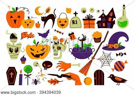 Halloween Holiday Doodle Set. Collection Of Bats Spooky Pumpkins Owls Scary Creatures Alchemic Vodoo