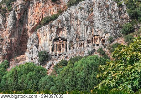 Tombs Of Ancient Lycian Kings In The Rock. Group Of Rock Cut Tombs Of Ancient Kings. Lycian Tombs Of