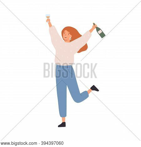 Happy Celebrating Woman With Holding A Bottle Of Champagne And A Wine Glass. Young Female Character 