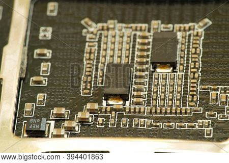 Various Chips On A Textolite Video Card Board For A Modern Desktop Computer
