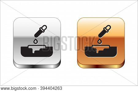 Black Petri Dish With Pipette Icon Isolated On White Background. Silver-gold Square Button. Vector