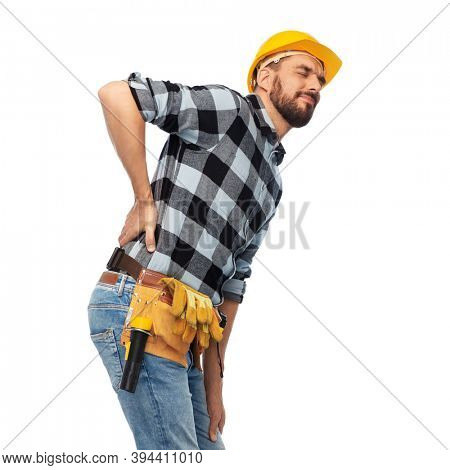 profession, construction and building - male worker or builder in helmet having back ache over white background