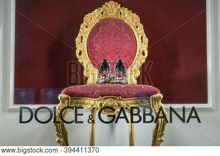 Fashion Display In Window Of Dolche And Gabbana Boutique Shop - Moscow, Russia, 24.12.2019