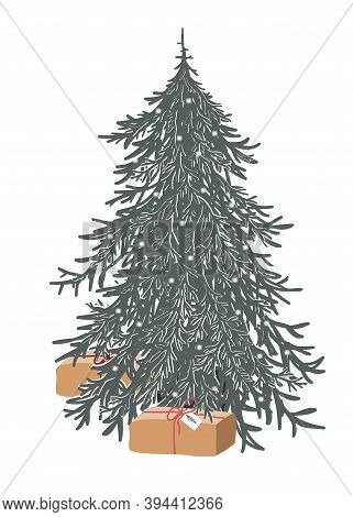 Hand Drawn Merry Christmas Tree Decorated With Lights. Holiday Symbol. Cartoon Sketch Element, Color