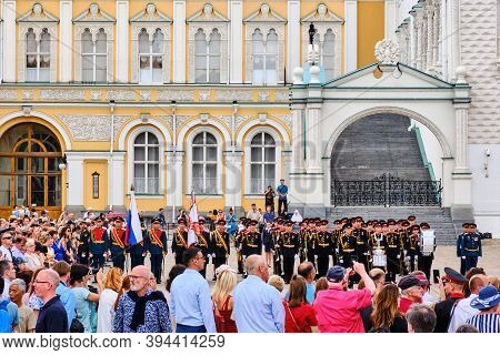 Cadets Music Military School On The Parade Ground In The Kremlin. Graduation Parade Of Military Cade