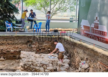 Site With Working Archaeologists At The Excavation Of 17th Century Buildings In The Moscow Kremlin -