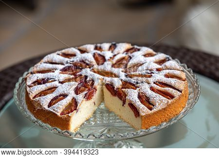 Delicious Plum Cake Sprinkled With Powdered Sugar