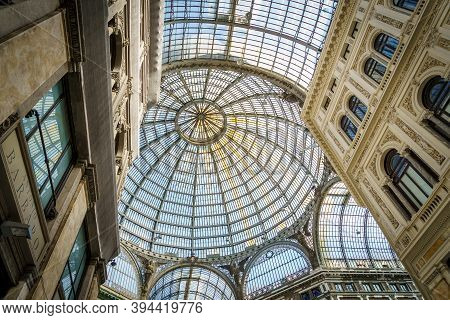 Naples, Campania, Italy, October 2020: The Glass Rooftop Of Galleria Umberto I Public Shopping Galle