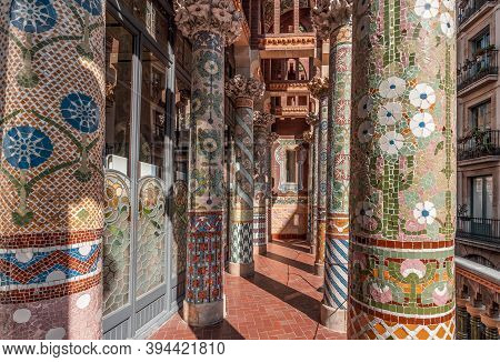Barcelona, Spain - Feb 24, 2020: Intricate Mosaics Cermic Tiles Columns On Balcony Catalonia Music H