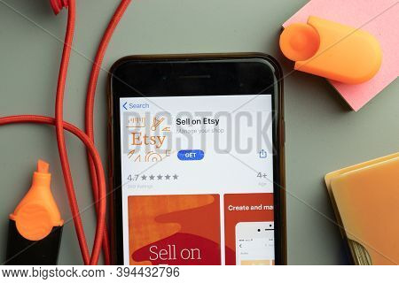 New York, United States - 7 November 2020: Sell On Etsy App Store Logo On Phone Screen, Illustrative