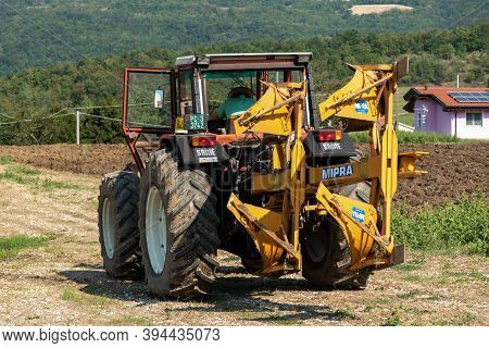 September 2020, Calestano Province Of Parma, Italy. Galaxi Same Tractor Plowing A Field