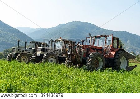 September 2020, Calestano Province Of Parma, Italy. Three Tractors. Same Galaxy 170. Hurlimann H 617