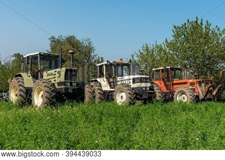 September 2020, Calestano Province Of Parma, Italy. Three Tractors. Same Galaxy 170. Hurlimann H 617