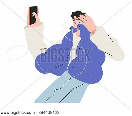 Young Man Or Teanager Listen To Music Or Audio Book And Wear Earphones Isolated On White Background.