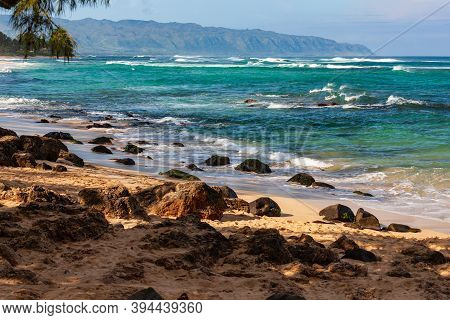 Laniakea Beach, Rocky Coast On East Side Of Beach, North Shore Oahu, Hawaii