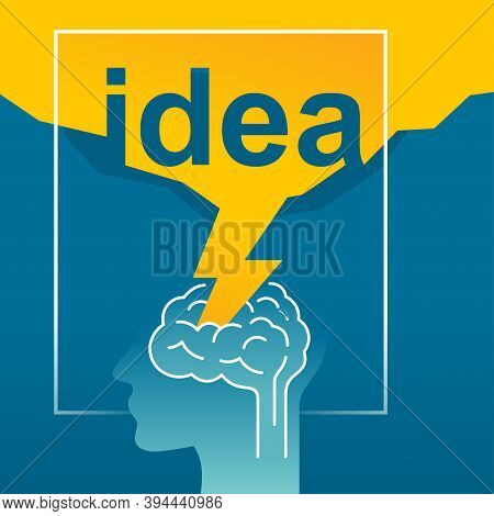 Idea Concept - Human Head Profile With  Lightning Strucks And Piercing The Brain - Vector Icon, Info