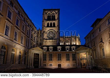 Lyon, France, June 21, 2018 : Primatiale Of Saint-jean Cathedral At The Blue Hour.