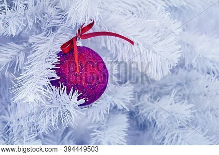 Christmas White Tree And Pink Ball, Baw, Holiday Background, Template For Greeting Card.