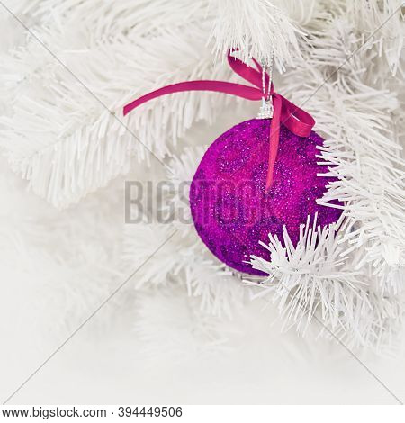 Christmas White Tree And Pink Ball, Baw, Holiday Background, Template For Greeting Card.