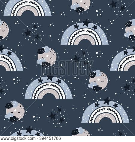 Cute Nursery Seamless Pattern In Scandinavian Style With Rainbow, Moon, Clouds And Stars. Childish B