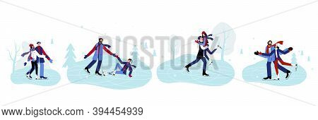 Happy Couples Are Skating On The Ice In Winter. Men Is Helps Women Not To Fall On The Ice And Hugs H