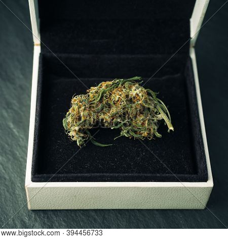 Cannabis Bud In A Ring Box. Concept Of Marriage Proposal And Humorous Marijuana.