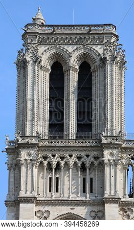 Detail Of The Tall Bell Tower Of Notre Dame In Paris In France Before The Fire