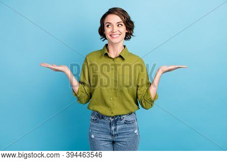 Photo Of Lovely Cute Lady Short Hairstyle Look Side Hold Two Hands Empty Space Toothy Beaming Smile 