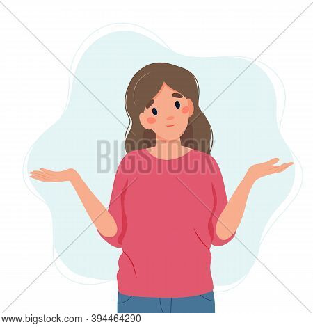 Woman Shrugging With A Curious Expression, Doubt Or Question, Vector Illustration In Flat Style