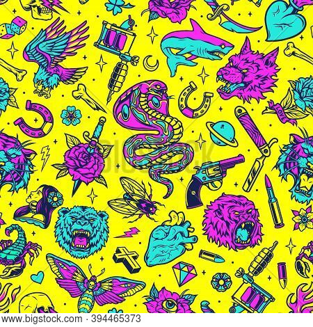 Vintage Colorful Tattoos Seamless Pattern With Eagle Angry Animals Heads Dagger Revolver Shark Fly S