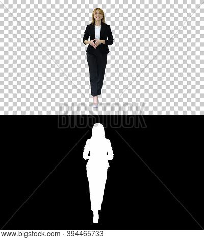 Young Successful Businesswoman Walking And Smiling, Alpha Channe