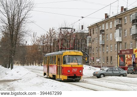 Ufa, Russia - February 16, 2008: Old Bright Tram Tatra T3 In The City Street.