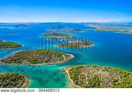 Wonderful Coastline Seascape, Small Mediterranean Stone Islands In Murter Archipelago, Aerial View O