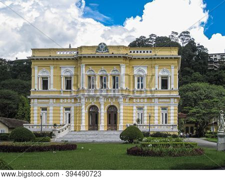 Petropolis, Brazil - December 23, 2008: Closeup Of Yellow Front Facade With White Frames Of Palacio 