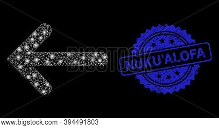Glowing Network Left Arrow With Glowing Spots, And Nukualofa Dirty Ribbon Seal Imitation. Blue Stamp